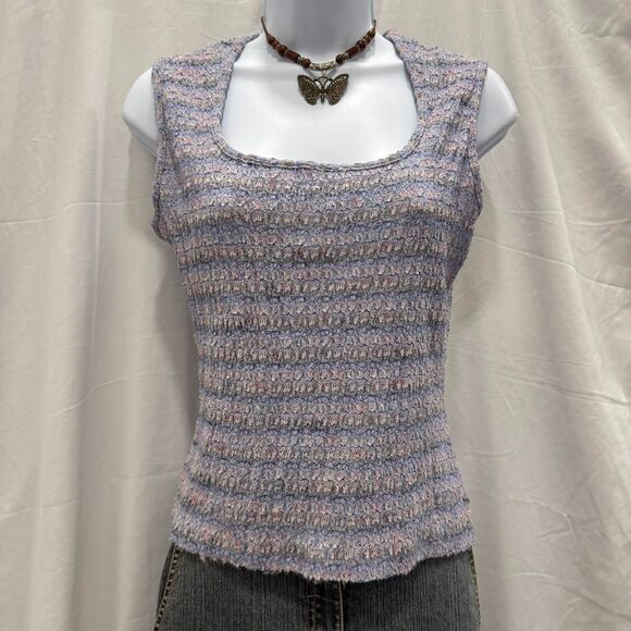 Vintage 90s Star CCC textured knit pastel sleeveless top square neck USA size L - Picture 2 of 8